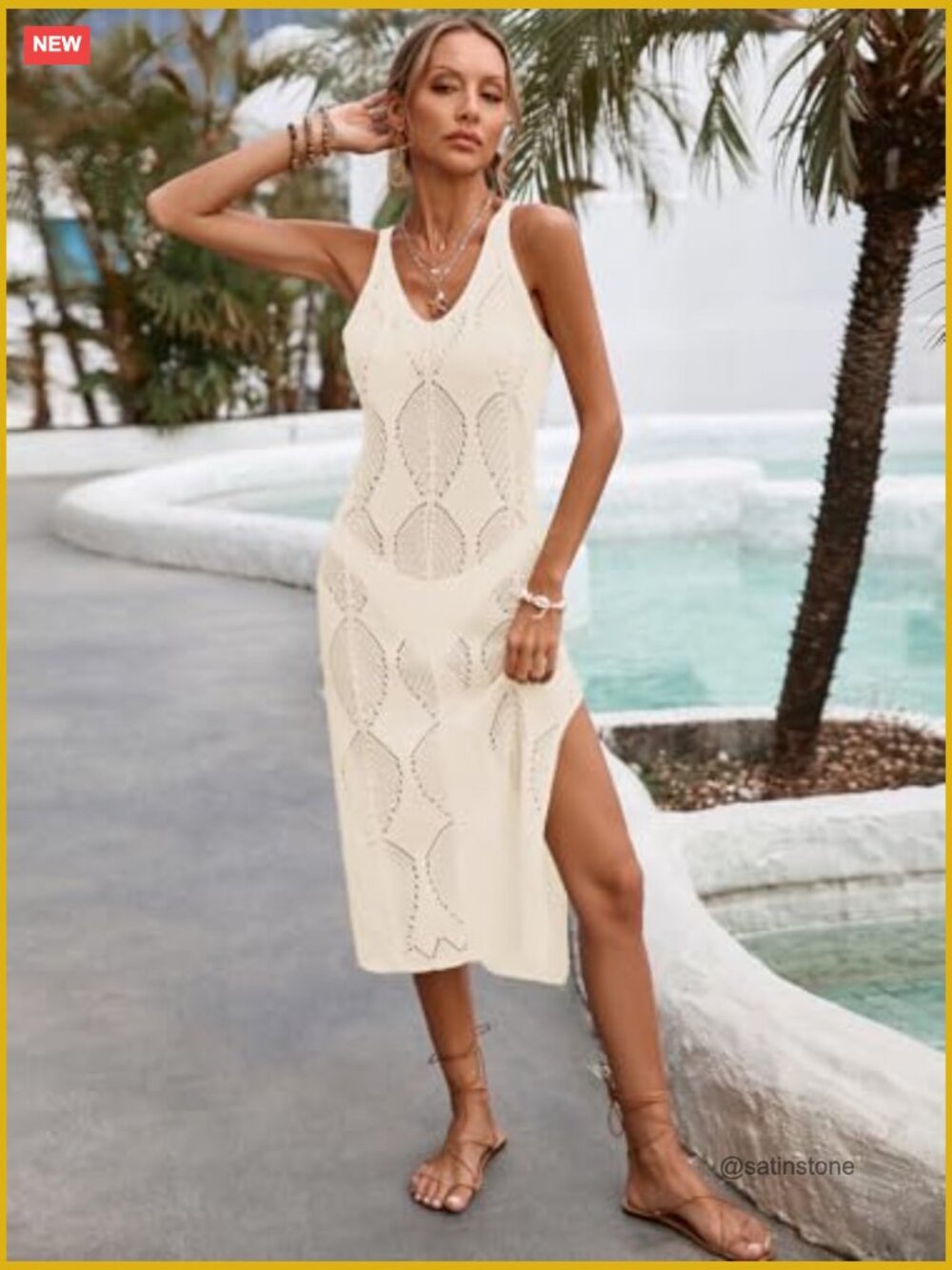 Crochet Knit Swimsuit Cover Up Midi Dress with Side Slit - Picture 6 of 7